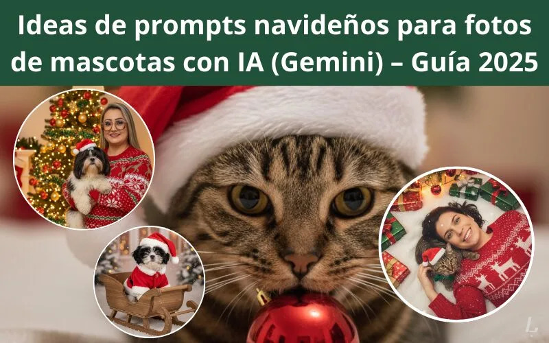Lee más sobre el artículo Ideas de prompts navideños para fotos de mascotas con IA (Gemini) – Guía 2025